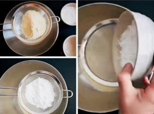 我们首先将100克杏仁粉和100克的糖粉加入到一个碗中，然后再将它们搅拌的均匀